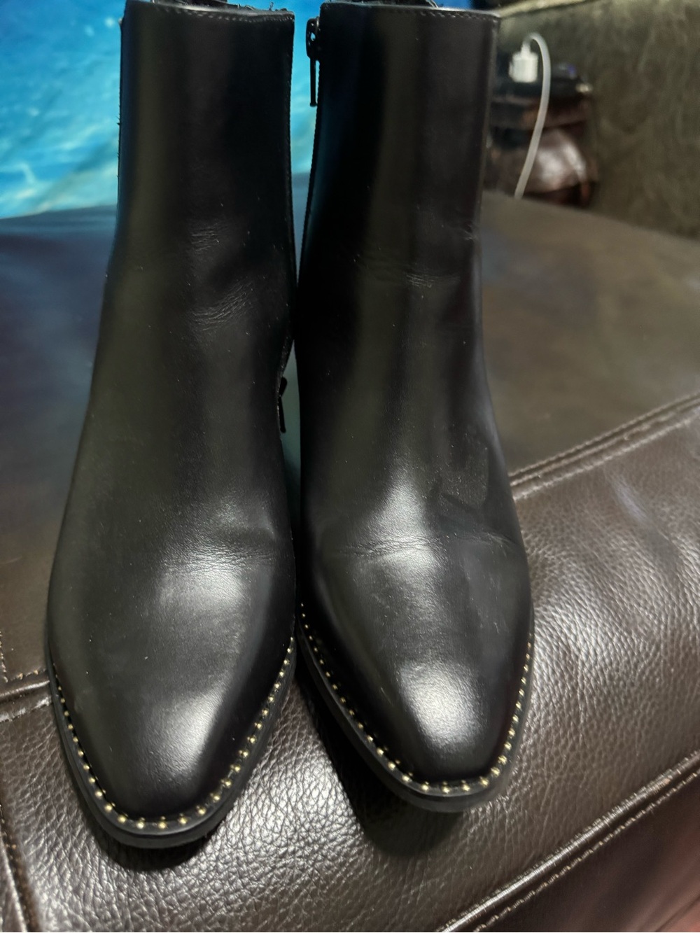 Nine West Black Leather Pointed Ankle Boots with Studded Trim
